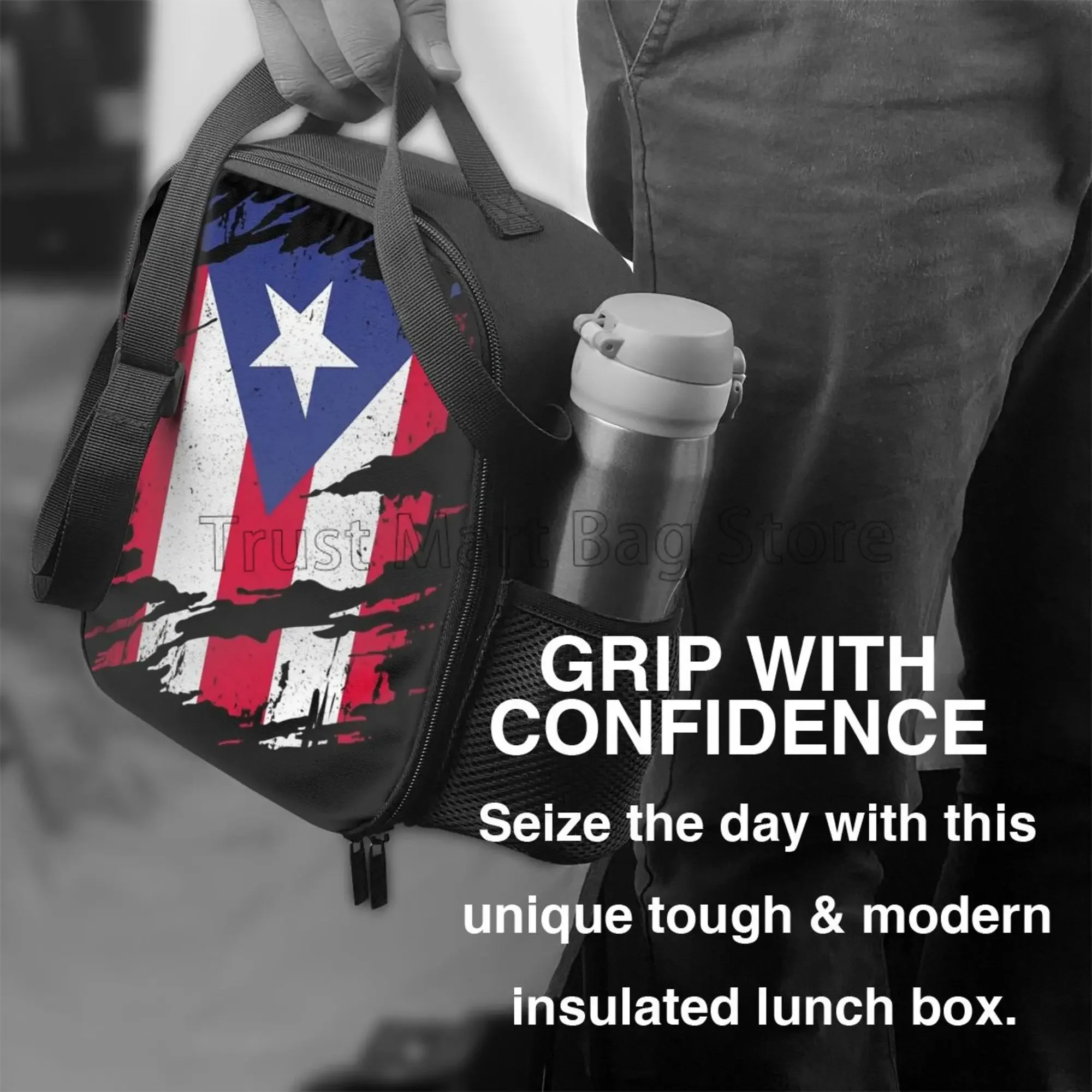 Puerto Rico Flag Print Insulated Lunch Bag Waterproof Reusable Thermal Lunch Box Bento Tote with Adjustable Shoulder Strap