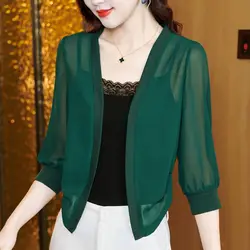 Spring Summer Women Cardigan Sunscreen Chiffon Shirt 3/4 Sleeve All-match Vintage Solid Temperament Fashion Short Casual Coats