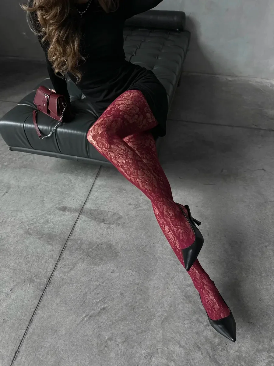Damen Y2K Mode Gothic Sonnenblumen-Netzstrumpfhose Sexy Durchbrochene Fischernetz-Strumpfhose Burgunderrot Hochelastische Bestickte Leggings