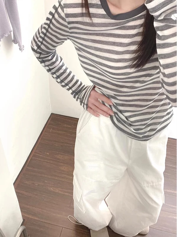 한국 스타일 루즈핏 라운드 넥 스트라이프 자외선 차단 티셔츠 여성 여름 얇은 긴 소매 패셔너블 탑 브이넥 폴리에스터...