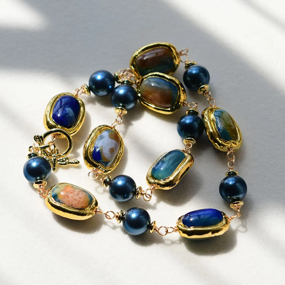 

G-G Натуральный синий океанский агат Праздничные модные украшения Ожерелье с жемчугом из синей морской ракушки