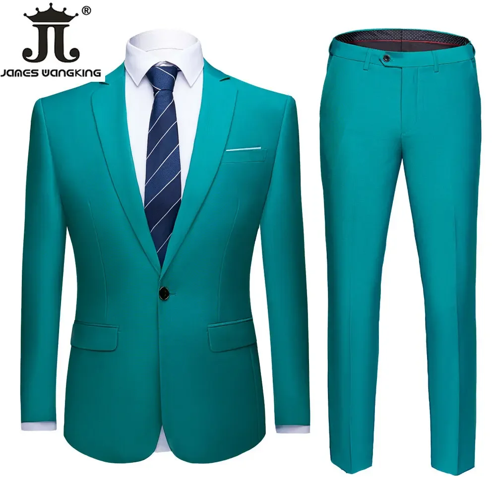 15 Colors M-6XL (Jacket + Pants) Work Clothes Mens Formal Business Office Suit Solid Color Groom\'s Wedding Dress Blazer Trousers