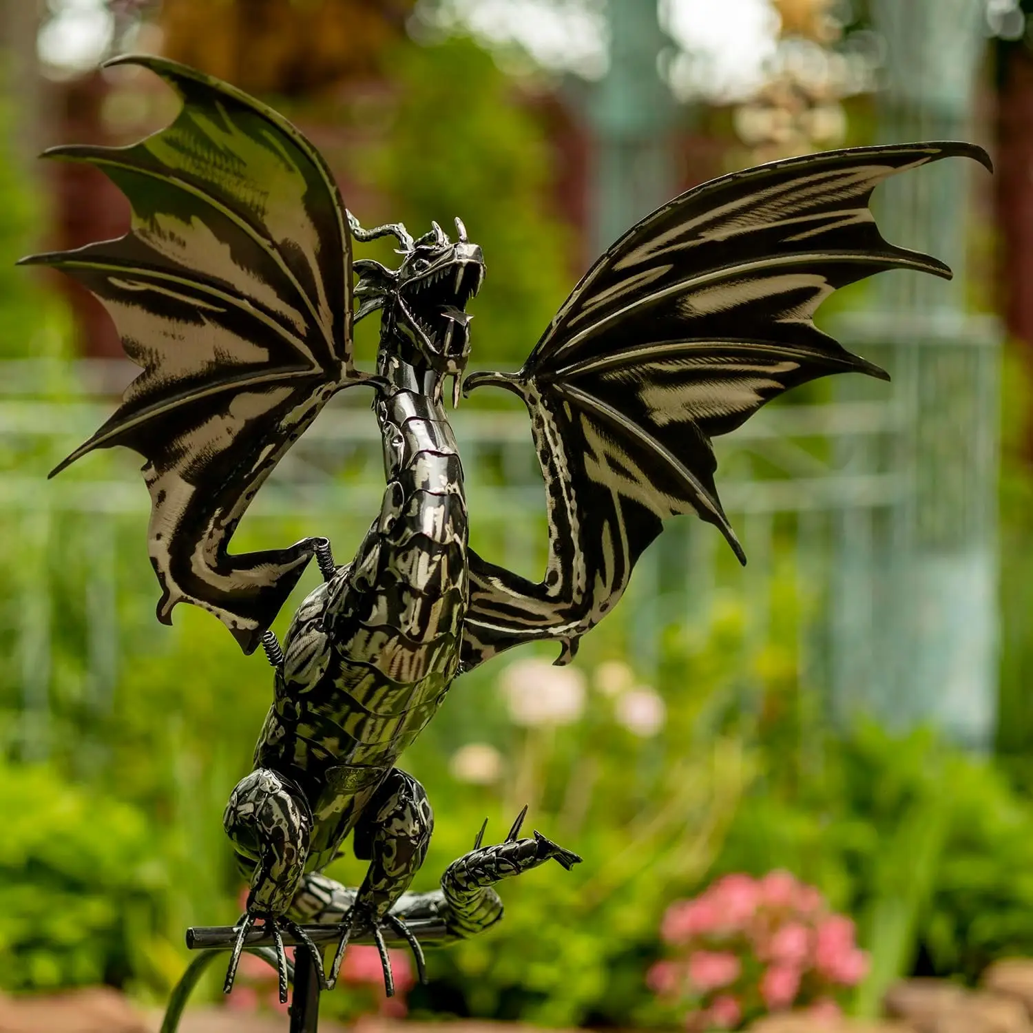 Metal Dragon Rocking Garden Stake, Kinetic Wind Decor, Metallic Black Finish, Moving Wings (Tail to the Side Dayfyre)