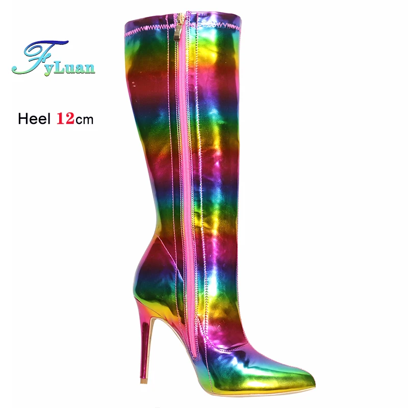 Thin Heels Shiny Rainbow Woman Boots Patent Leather Mirrored Knee High Boots Pointed Toe Ladies Night Club Party Shoes Size 44