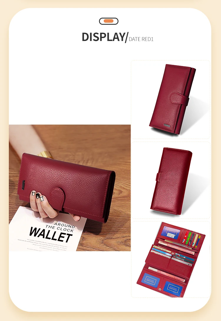 VICKAWEB Große Hasp-Geldbörse aus echtem Leder mit Foto-Kartenhalter und Druckknopfverschluss für Damen, luxuriöses Markendesign, Damen-Kartenetui, lang, rot – Detail 10
