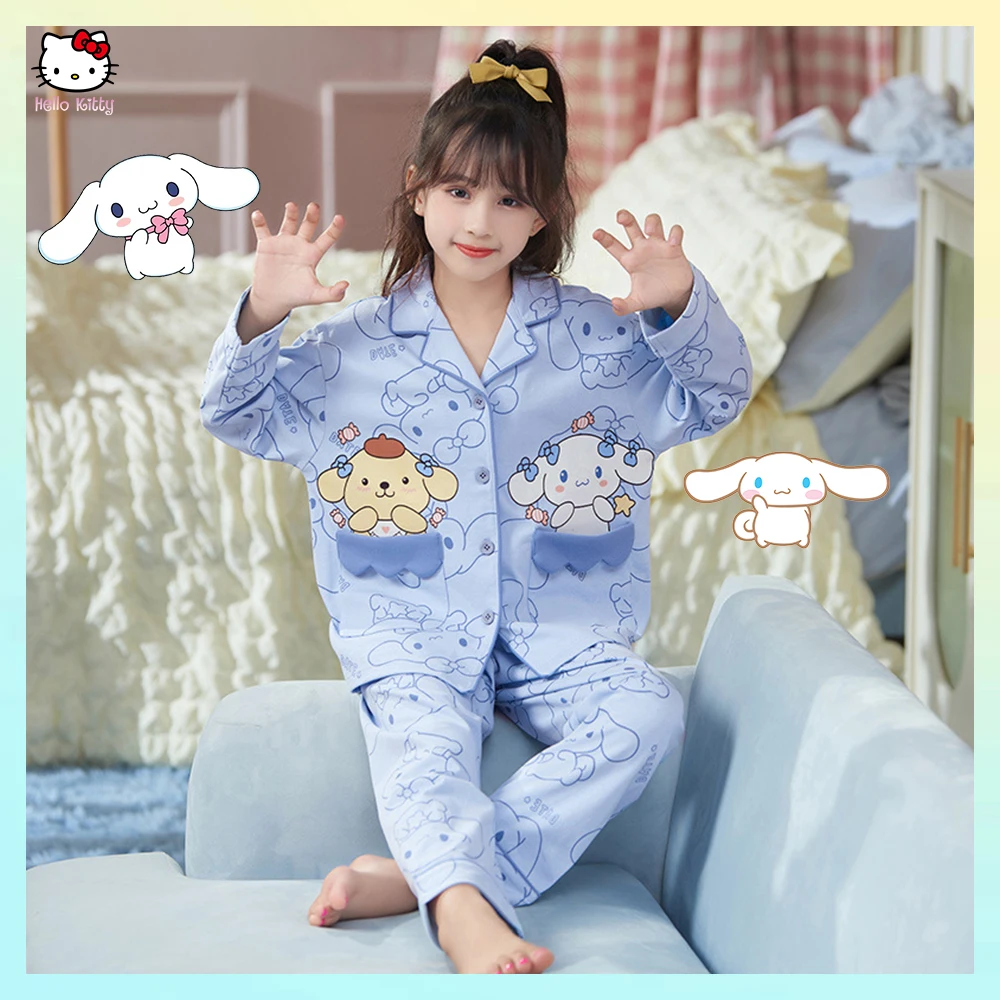 Anime Sanrioed Kids Pajamas Cinnamoroll Kuromi Hello Kitty Spring Kawaii Girl Cotton Sleepwear Parent-Child Loungewear Homewear