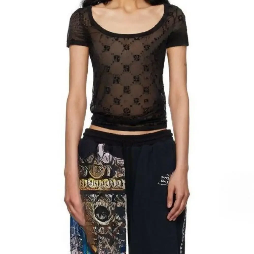 Sexy Slimming Transparent Mesh Short Sleeve Open Collar Black Moon Print Plush T Shirt Harajuku Japanese Streetwear for Women