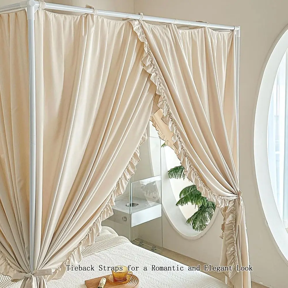 ม่านเตียงเจ้าหญิงสีกากีขนาดเต็มพร้อมสายรัด สำหรับป้องกันลมและแสงในห้องนอนเด็กผู้หญิง