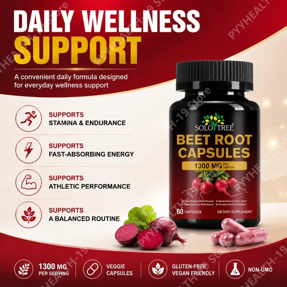 SOLO TREE Beet Root Capsules 1300mg Raw Beetroot Powder For Stamina Energy & Athletic Performance Support Formula Adult 60 Count