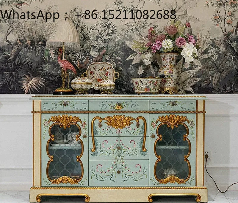 LLY luxury solid wood porch cabinet multi-layer hand-painted light blue decorative cabinet elegant villa foyer locker