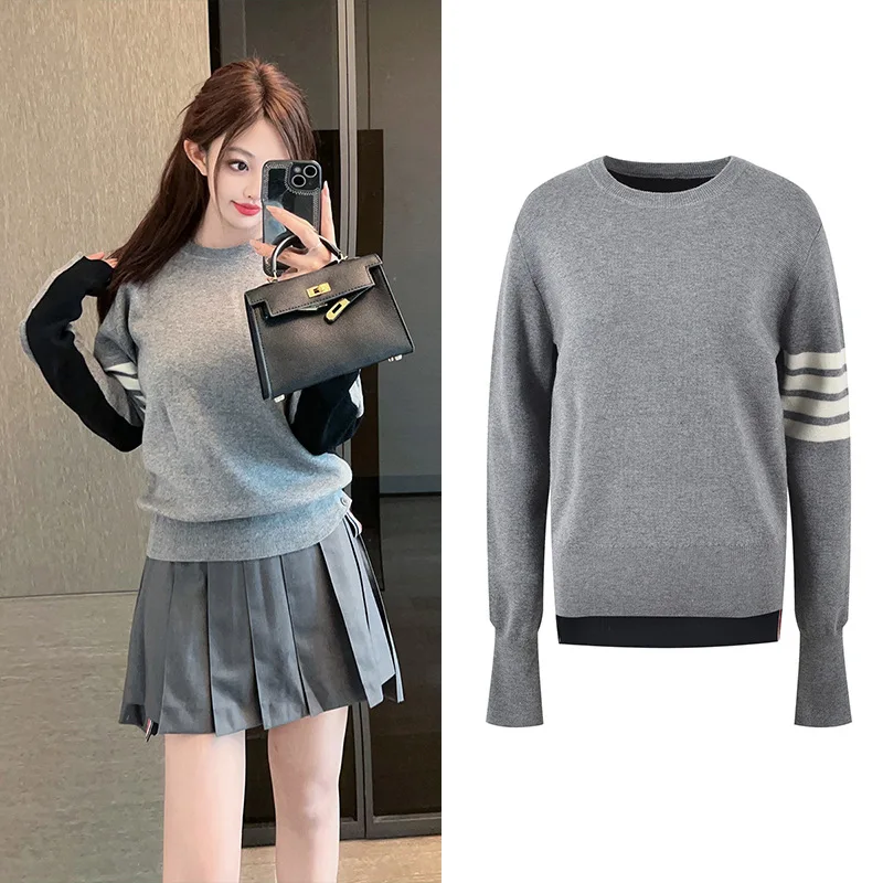 

High-End Wool Version Autumn Winter Knitted Sweater Design round Ne Front ort Ba Long ey Women's Knitwear Top