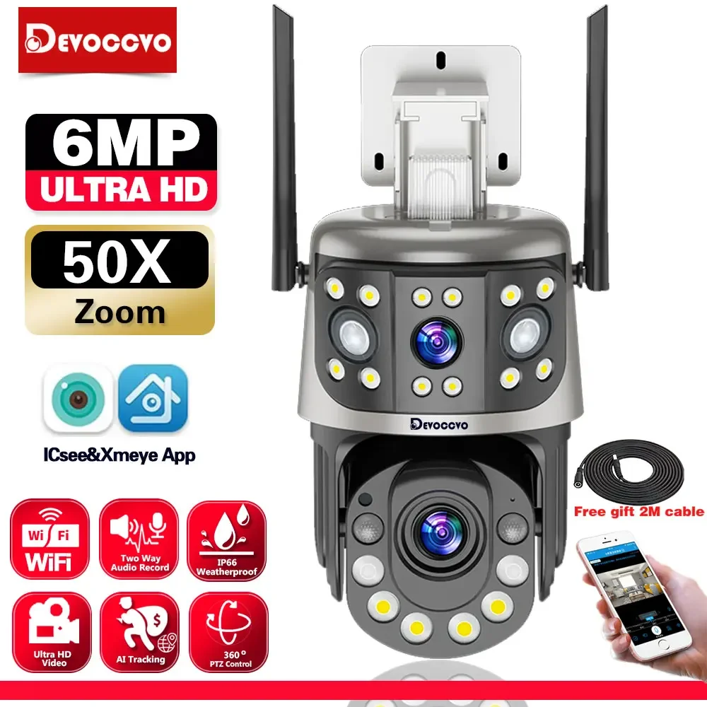 WiFi 50X Zoom 6MP PTZ Camera Outdoor Dual Lens Dual Screen Featuring Human Detection 30X Wireless CCTV Security Surveillance