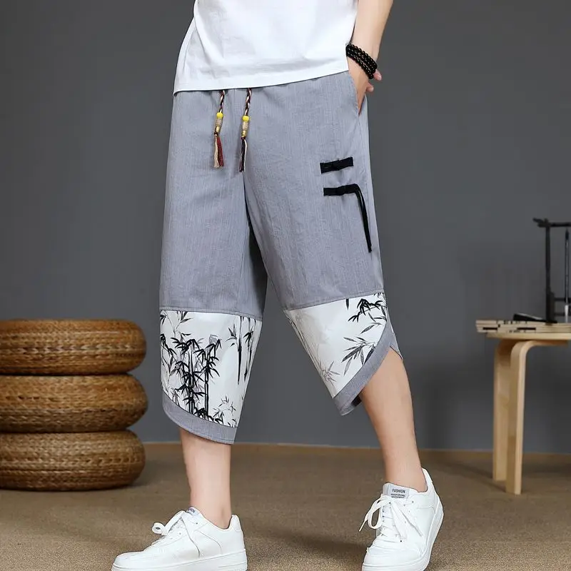 

Vintage Printed Elastic Lace Up Button Straight Casual Pants Men's Clothing 2024 Summer Loose All-match High Waist Capri Pants