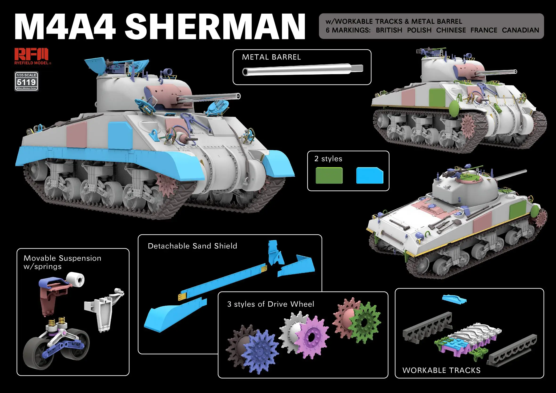 RYEFIELD RM5119 1/35 M4A4 Sherman Tank Model Kit