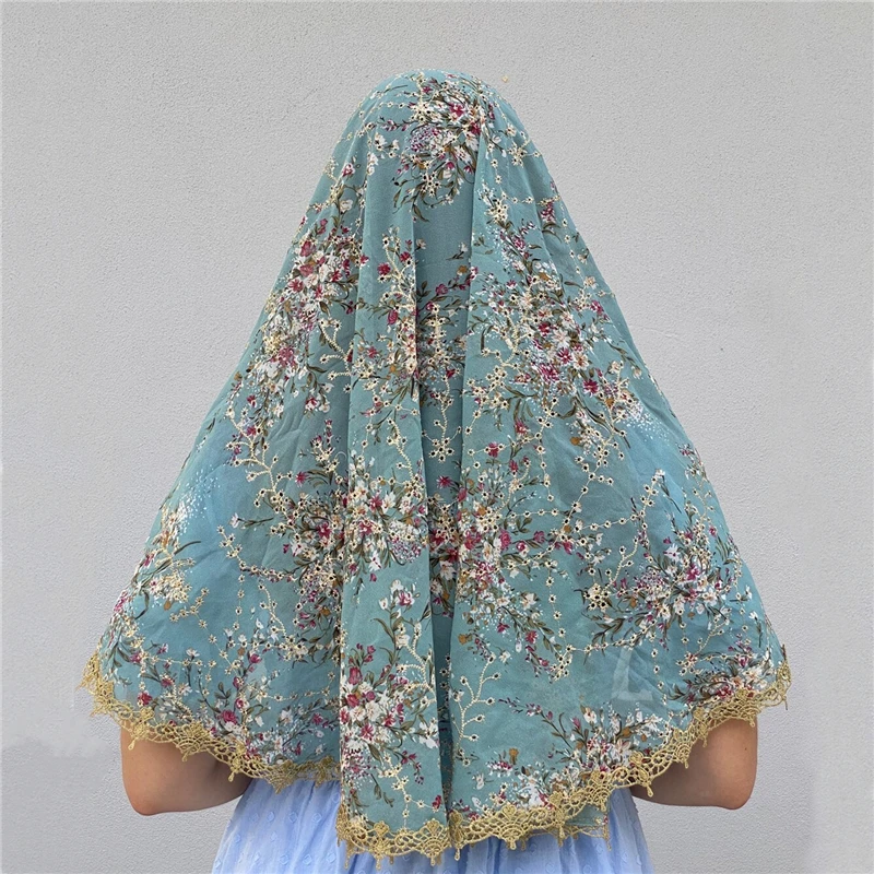 Triangle D Shape Vintage Chiffon Mantilla Veils For Church Women Cathedral Mass Head Covering Gold Colorful Floral Chapel Blue