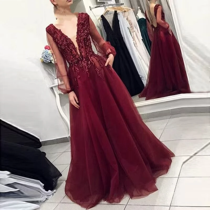 

Gorgeous Long Sleeve Evening Dresses for Women Sexy V Neck Backless Tulle Lace Pearls Abendkleider vestidos de noche Prom Gown