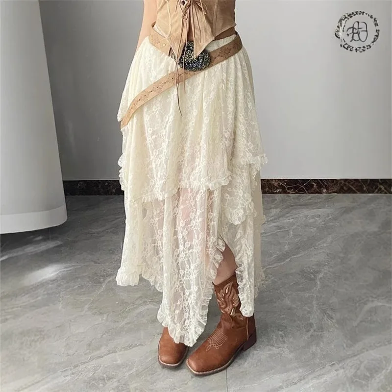 Ethnic Style Wavy Hem High Waist Lace Skirt Sweet Sister Stacked Holiday Style Dress