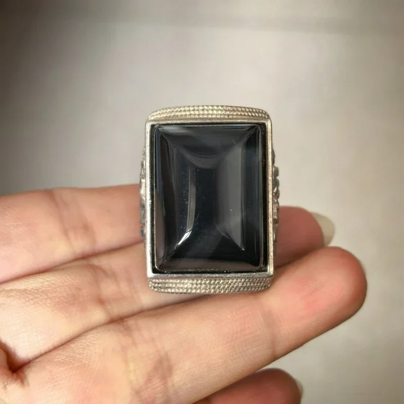 Vintage Tibetan Silver Temperature Color Changing Gem Ring, Retro Burnished Enamel Wealth Pattern Adjustable Ring