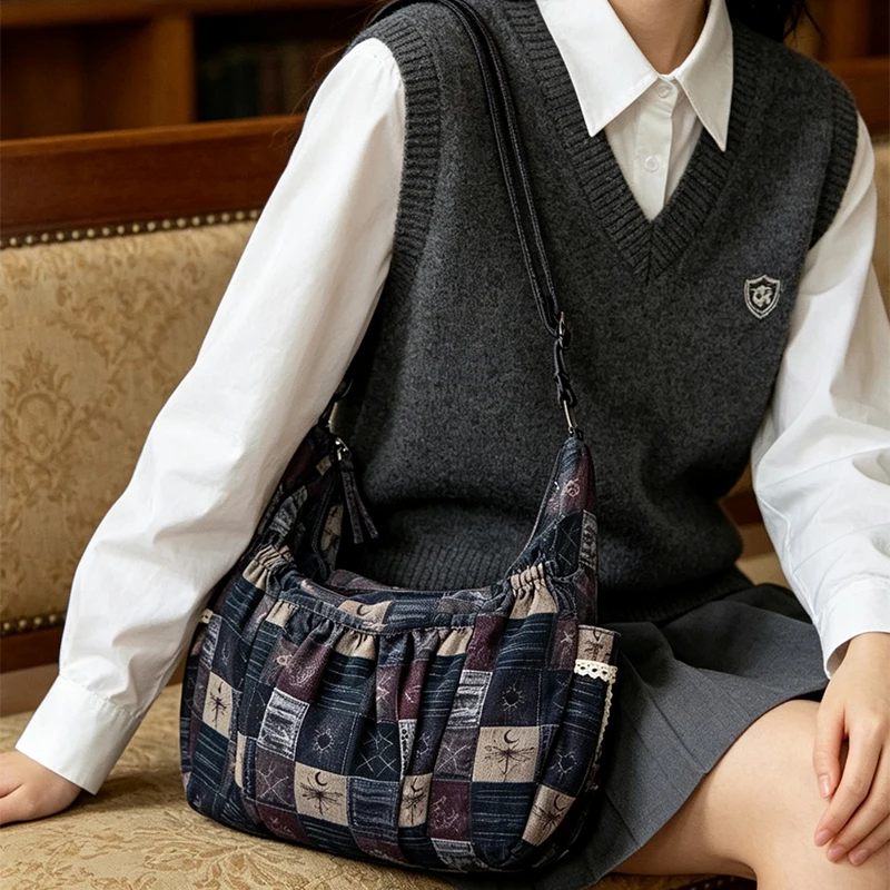 Sonnen-Mond-Stern-Print Patchwork Canvas Schultertasche, Vintage Handtasche mit Reißverschluss, Damen Pendler-Arbeitstasche Retro Leichte Tragetasche – Detail 6