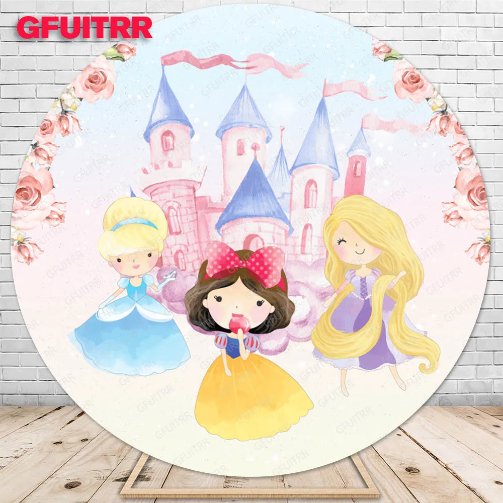 Disney Little Princess Backdrop Round Family Portrait Kid Birthday Party Decoration Photography Background Baby Shower Booth