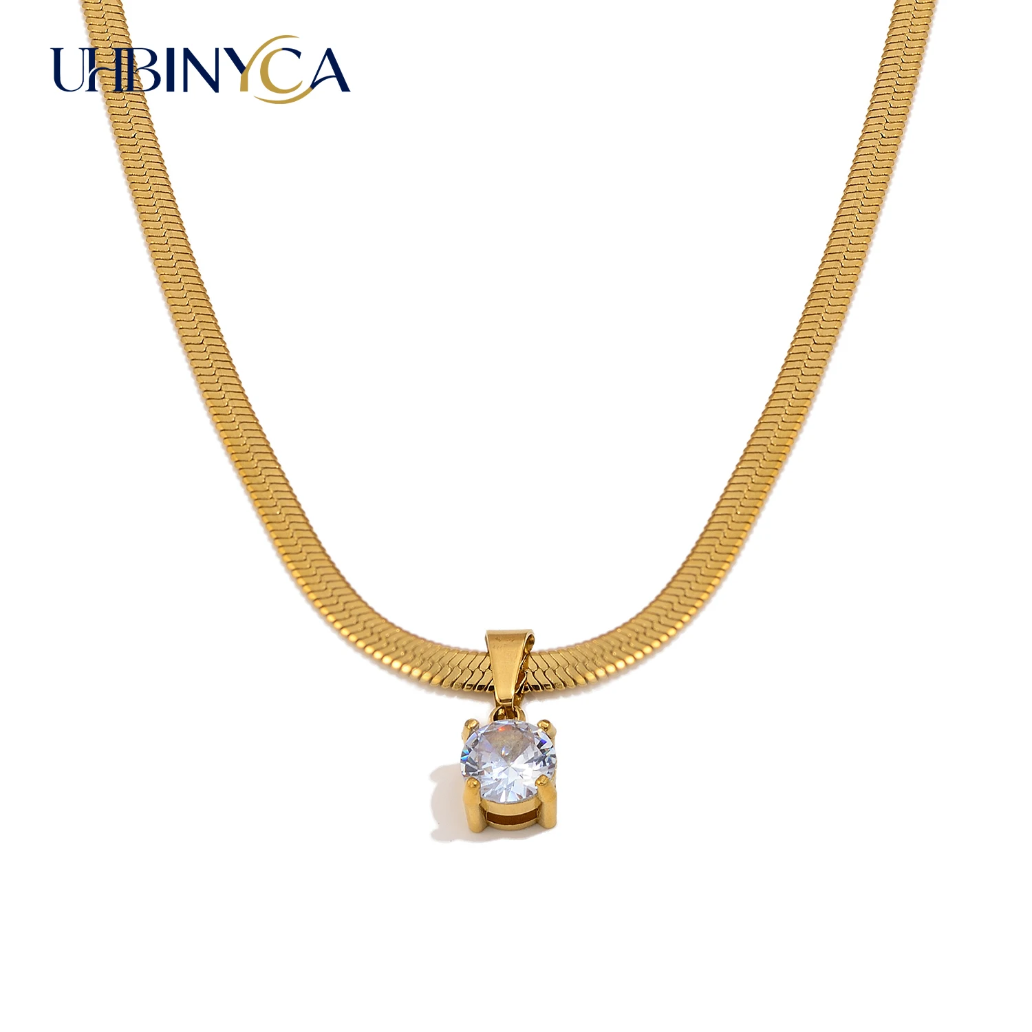 Minimalist CZ Pendant Necklace for Women, 18K Gold Plated Stainless Steel Blade Chain, Trendy Party Jewelry Gift for Her