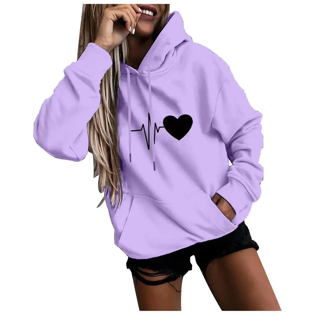 Women's 2022 Amazon Long Sleeved Loose Heart Pattern Simple Casual Hooded Drawstring Pocket HoodieMC11