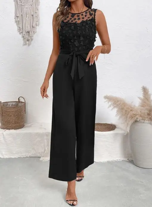 Summer Hot Selling Lace Patchwork Round Neck Sleeveless High Waisted Lace Up Straight Leg Jumpsuit Pants for Women