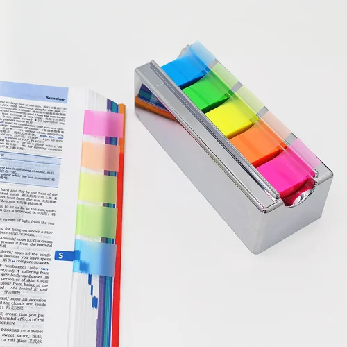 Pestañas de índice transparentes coloridas, flecha de impresión de bandera de nota adhesiva con dispensador emergente para oficina y estudio