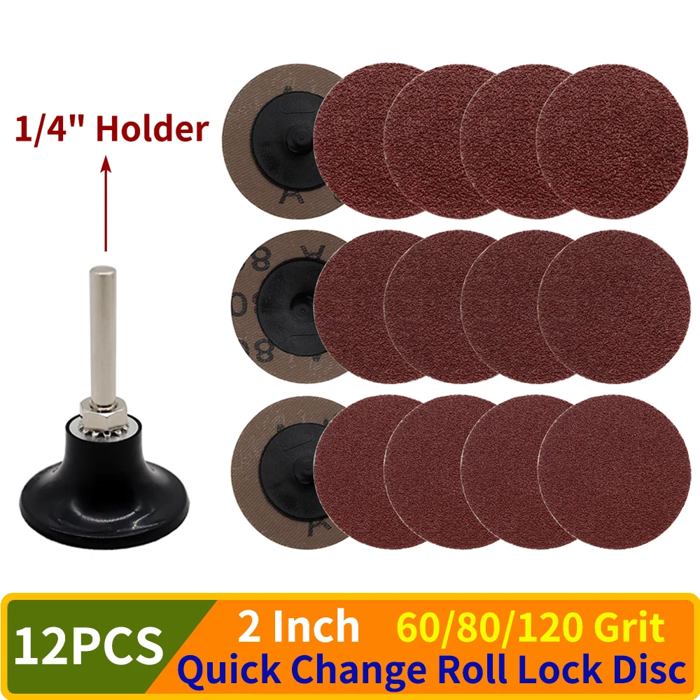 

12PCS 2 Inch Quick Change Roll Lock Disc Aluminum Oxide Coated Die Grinder Accessories with 1/4" Holder for Surface Prep Paint