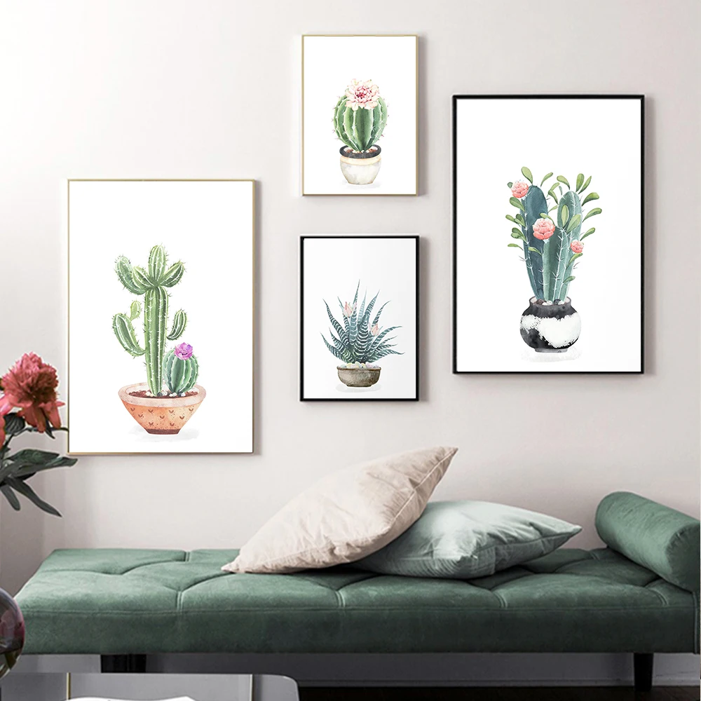 Watercolor Flower Poster Prints Wall Art Decoration Green Potted Cactus Canvas Painting Nordic Pictures Living Room Home Decor