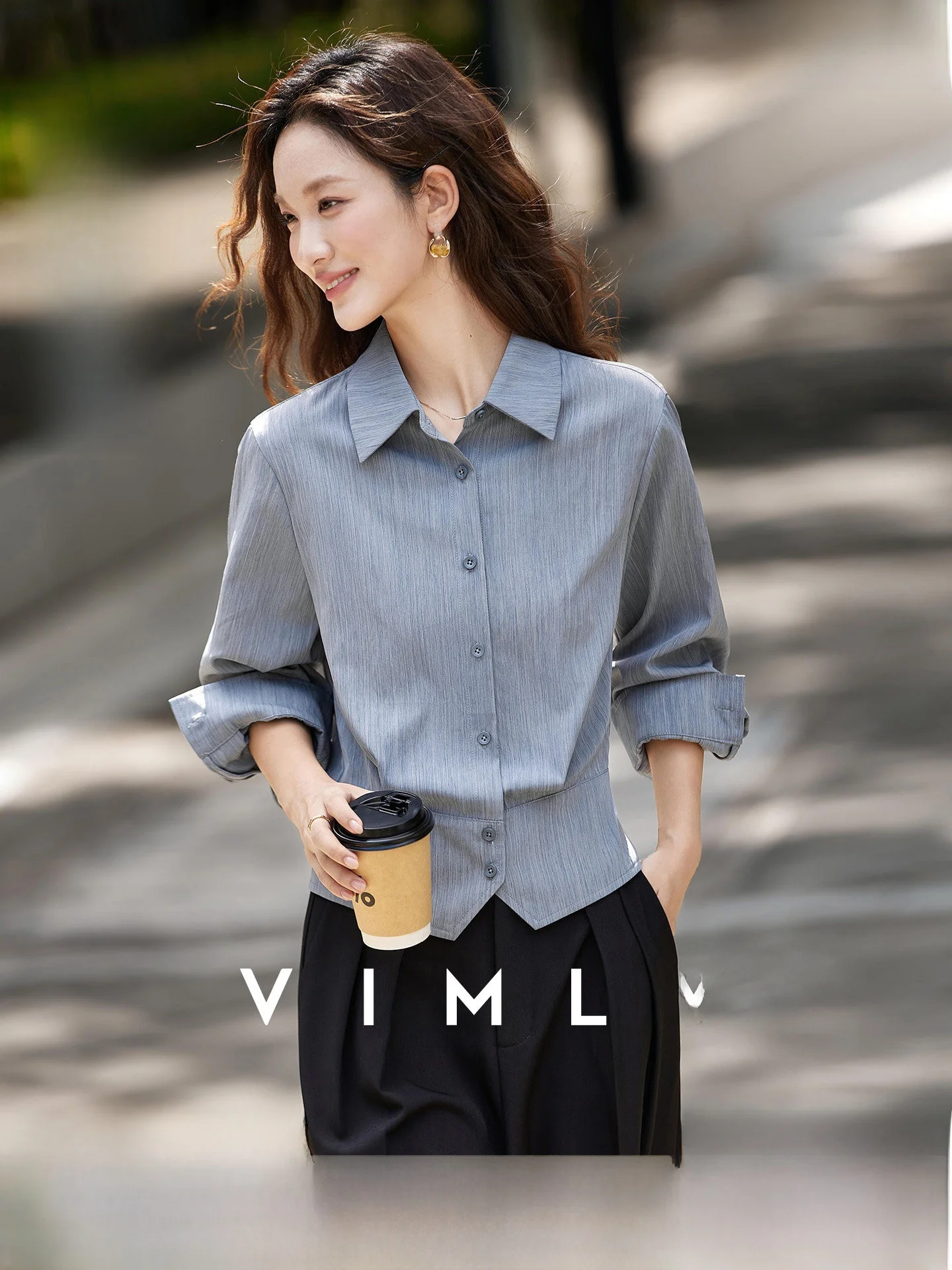 

Waist-Cinching Blue Gray Striped Women's Shirt Spring Summer New Irregular Design Stand Collar Top Coat Casual Fashion Polyes...