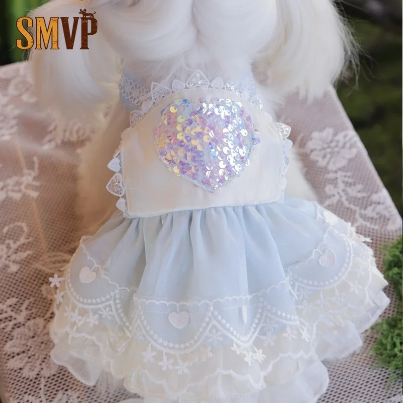 Two Tone Light Blue Pet Sundress Bling Iridescent Sequins Delicate Lace Trimming Tiered Frilly Tulle Dress for Dogs Pet Clothes