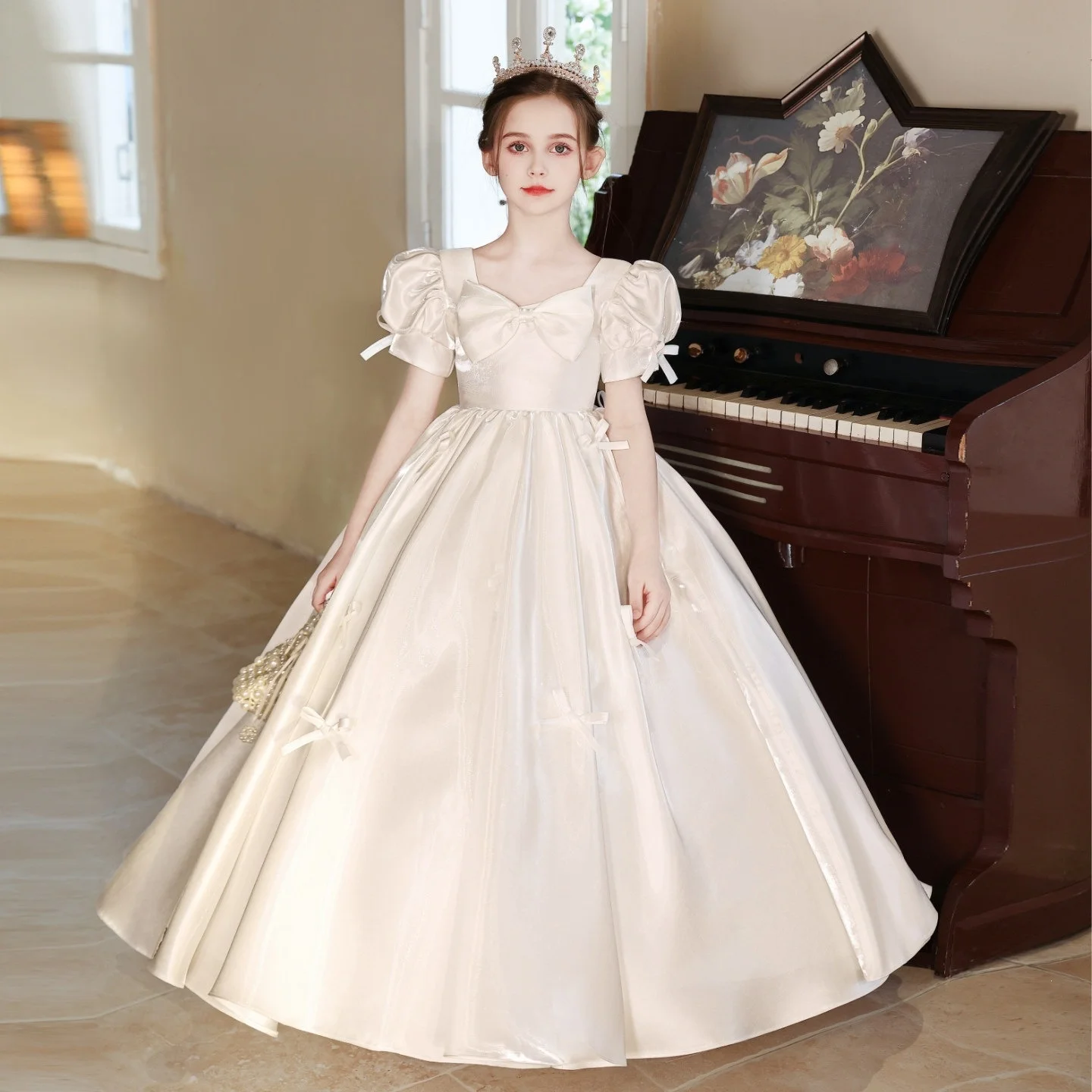 Custom Puff Sleeve Multi Bow Satin Ballgown Luxury Dress Women Wedding Guest Gown Girls Birthday Party Pageant Runway