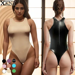 XCKNY one piece T-shaped swimsuit matte Pu texture black swimsuit sexy tight beach swimsuit