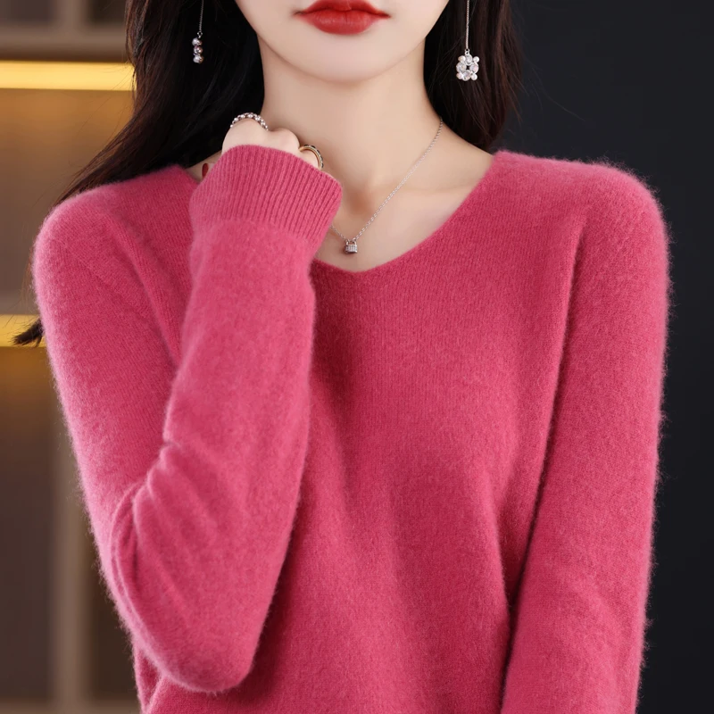 2024 New Wool Sweater Women\'s Fall/Winter 100% Merino Wool Fashion V-Neck Autumn Thermal Pullover Top