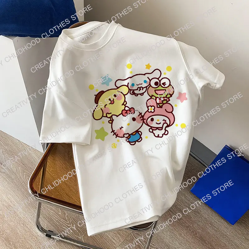 Hello Kitty T-shirt Women Cotton Melody T Shirts Kawaii Sanrio Kuromi Cartoon Harajuku Casual Clothes Streetwear Fashion Y2K Top