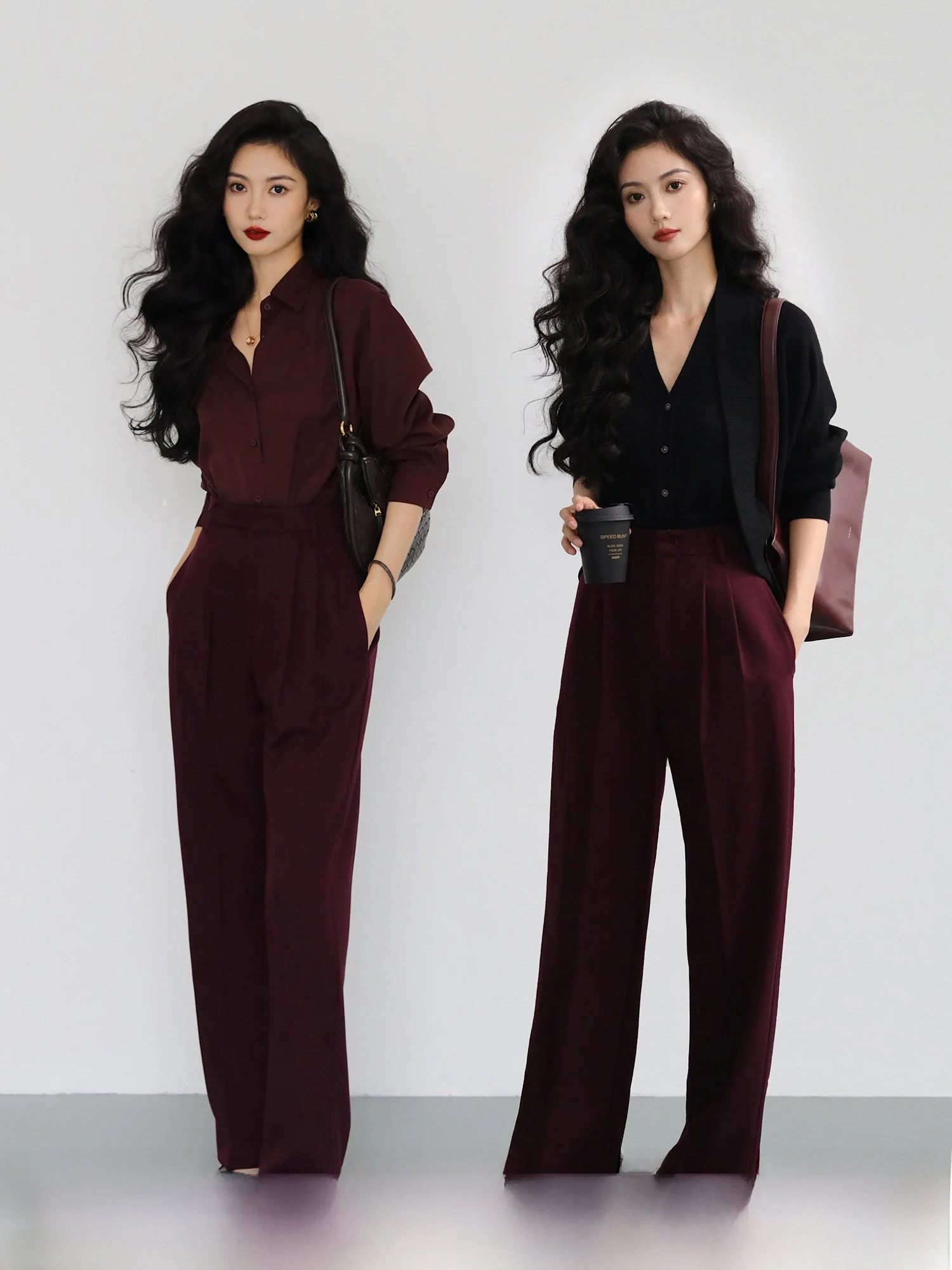 กางเกงสูทผู้หญิงสีแดง Angola ของ TAIYANG OFFICE ทรงขากว้างเอวสูง ผ้าพลิ้ว ทรงตรง ใส่ได้ทั้งฤดูใบไม้ผลิและฤดูใบไม้ร่วง