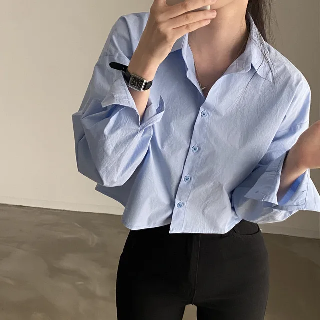 ربيع جديد عادية كم طويل المرأة قميص أبيض كوريا نمط الصلبة زر سبليت امرأة المحاصيل القمم بلوزة ملابس الحفلات