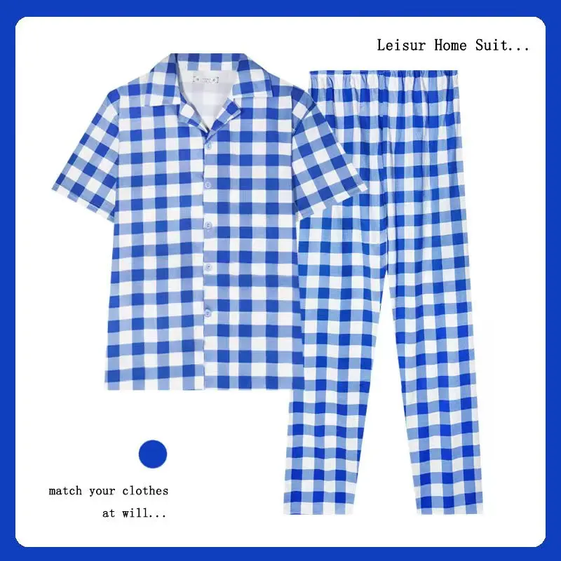 Men\'s Summer Two-Piece Pajamas Men\'s Cotton Short-Sleeved Trousers Cardigan Plaid Cool Simple Loose Large Size Homewear Suit