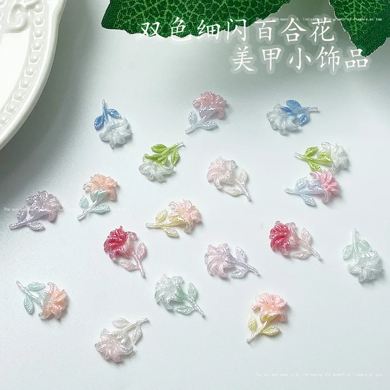 50 szt. Letnie Nowe Dwukolorowe, Delikatne, Błyszczące Lilia Kwiat Żywica Akcesoria do Paznokci, Nocne Światło Brokatowe Dekoracje na Paznokcie