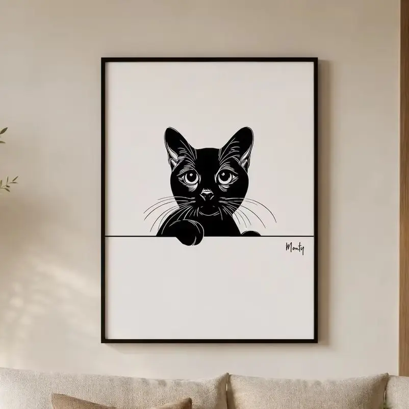Black cat Print,Black cat Portrait,Black cat Poster,Canvas Wall Print,High‑Grade Home Decoration Artwork for Bedroom,Living Room