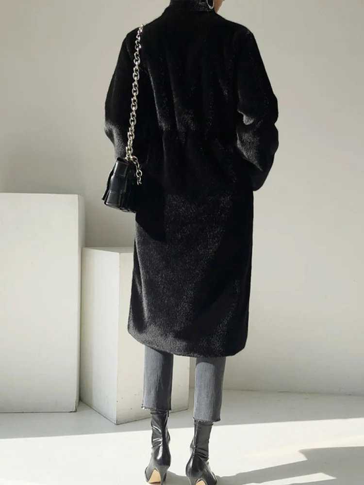 Frauen 2025, Herbst und Winter, lang, schwarz, luxuriös, warm, Kunstpelzmantel, elegant, Kunstpelz, lässig, flauschig, haarig, weich, Kunstnerz-Pelzmantel