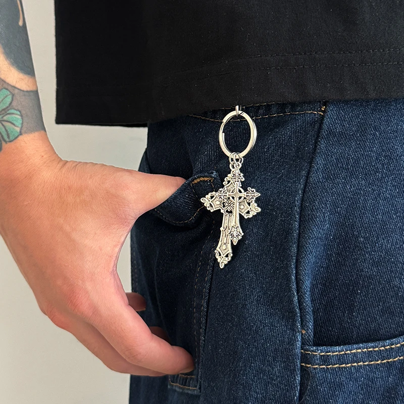 1PCS Retro Cross Keychain Pendant Men's Jeans Key Ring Bag Ornament Hanging Decoration