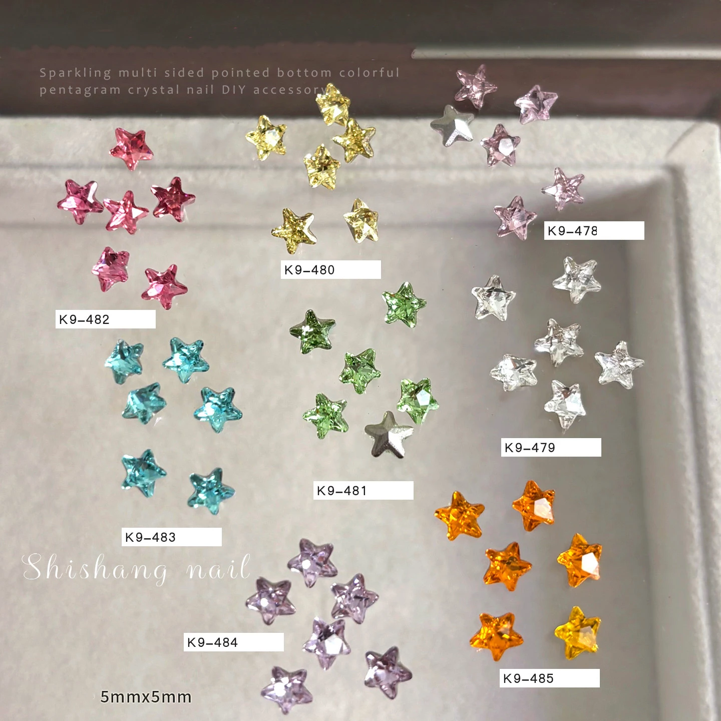 20PCS 5mm 3D Star K9 Nail Rhinestones Sparkly Multi‑Color Pointed Crystal Pentagram Diamonds Charms Decor Manicure Accessories