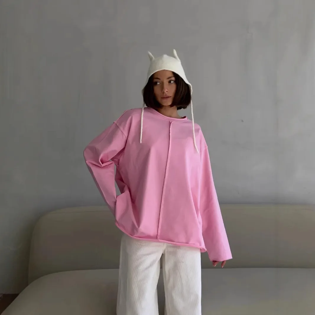 

Autumn Casual T-shirt For Women 100% Pure Cotton Pink Loose T-shirt 2025 New Solid Color O-neck Women's Base Shirt Aesthetic Top