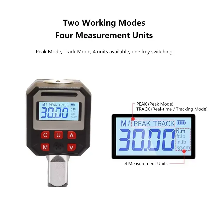 Digital torque meter, 1/2-inch interface, can store 500 data and preset 9 values, including 3/8-inch and 1/4-inch adapters