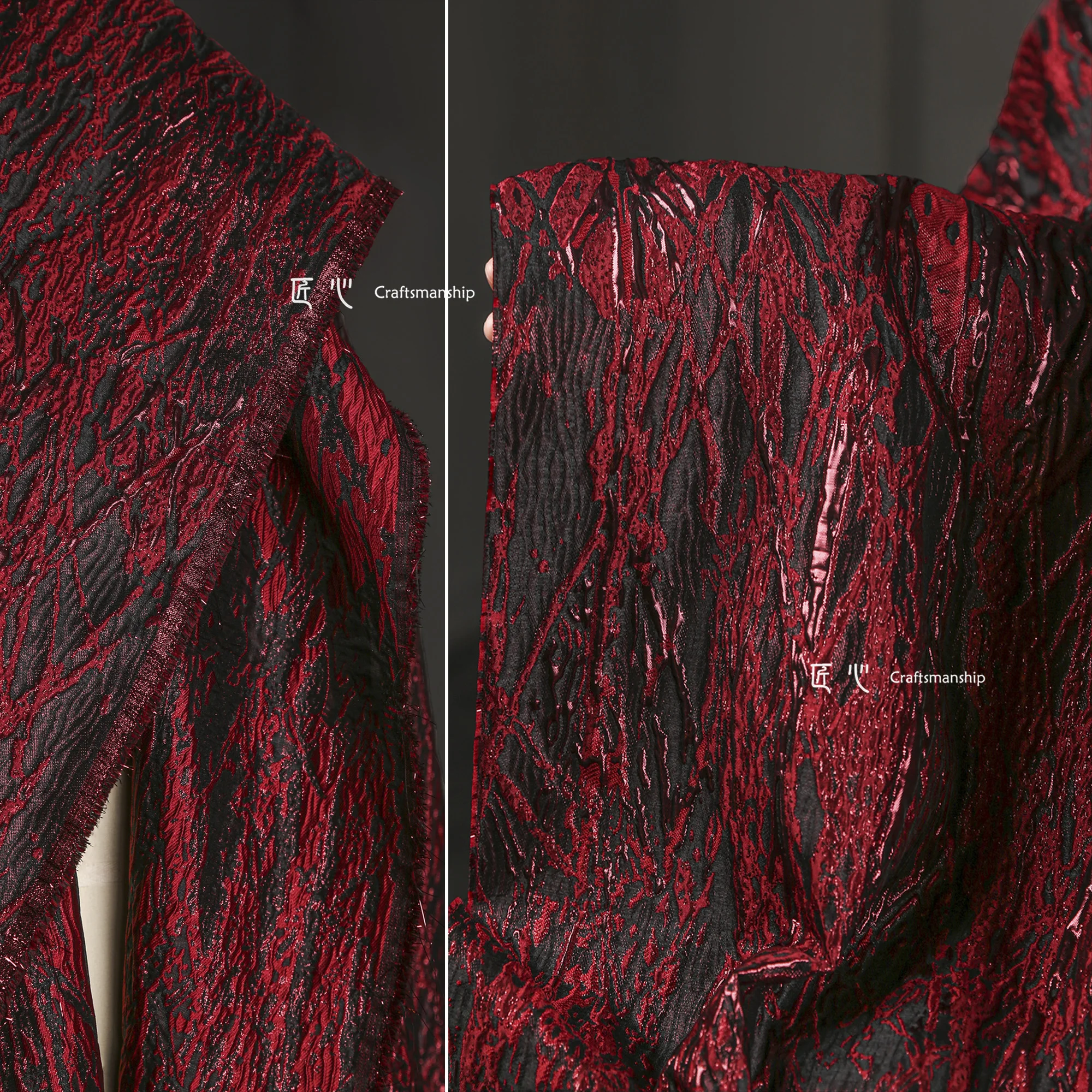 Fabric 142cmx50cm blended red and gold irregular veins gilt jacquard, heavy texture three-dimensional DIY coat jacket clothing