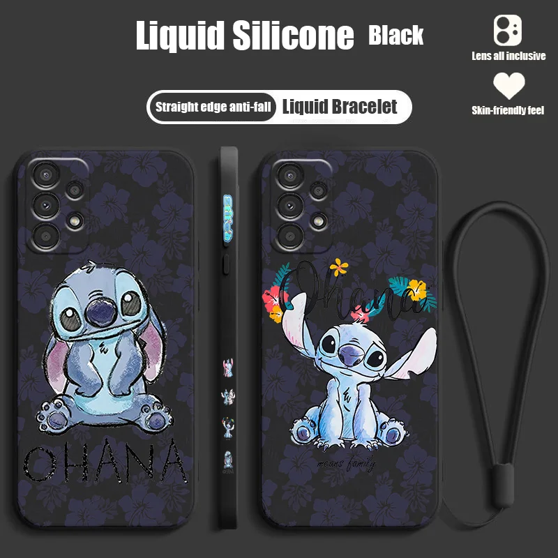 Disney Stitch Flowers per Samsung A73 A72 A54 A53 A52 A42 A34 A33 A32 A23 A22 A14 A13 A12 custodia per telefono con corda sinistra liquida