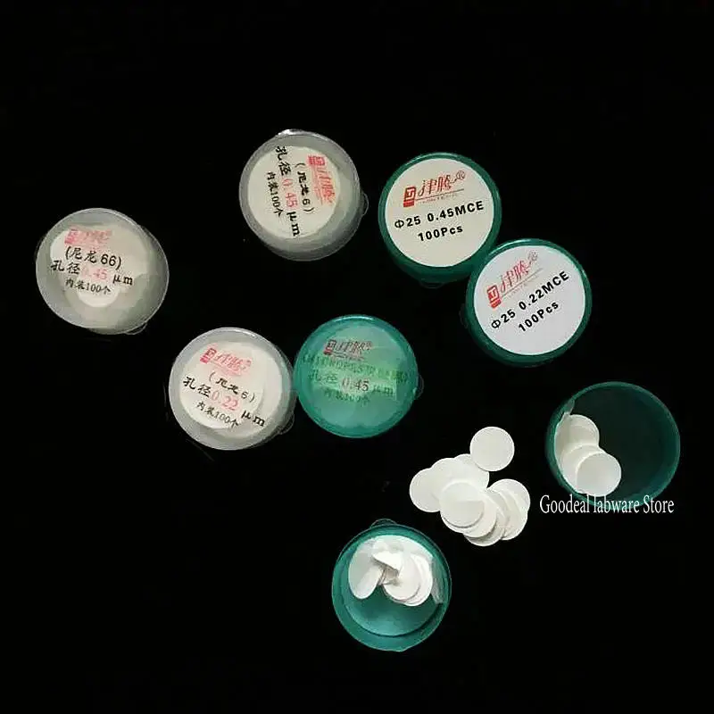 100pcs/box Lab PES/MCE/Nylon/PTFE OD13mm/25mm pore size 0.22/0.45/0.8um hydrophilic Filter  Membrane