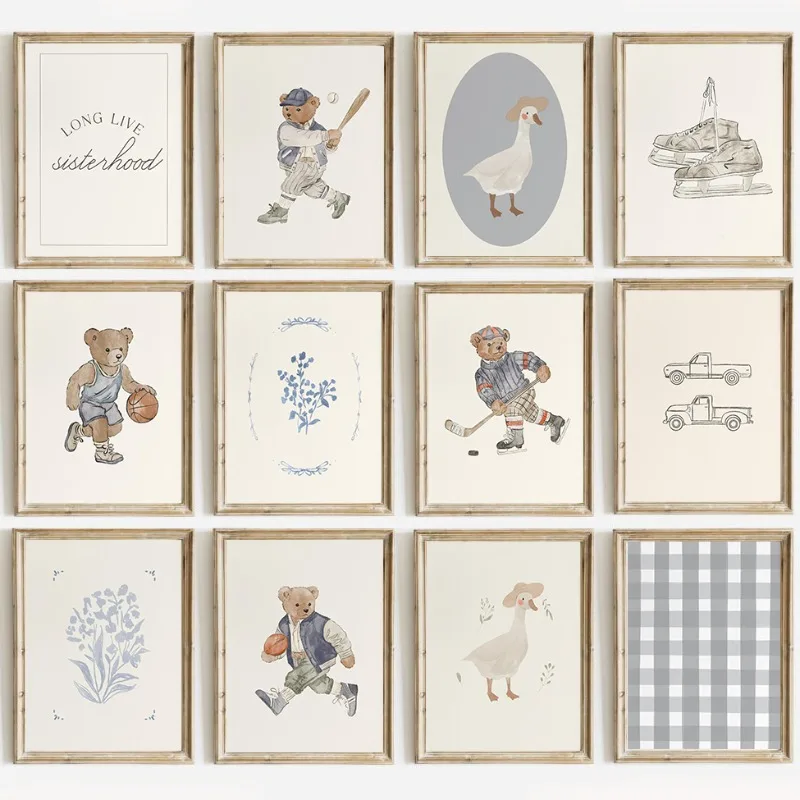 Dessin animé minimaliste garçon chambre mur Art Vintage Sport thème ours Baseball Football école maternelle impressions sur toile garçons enfant décor à la maison